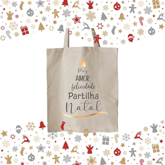 Saco Tote bag "Árvore Palavras Natal" cor natural 100% algodão