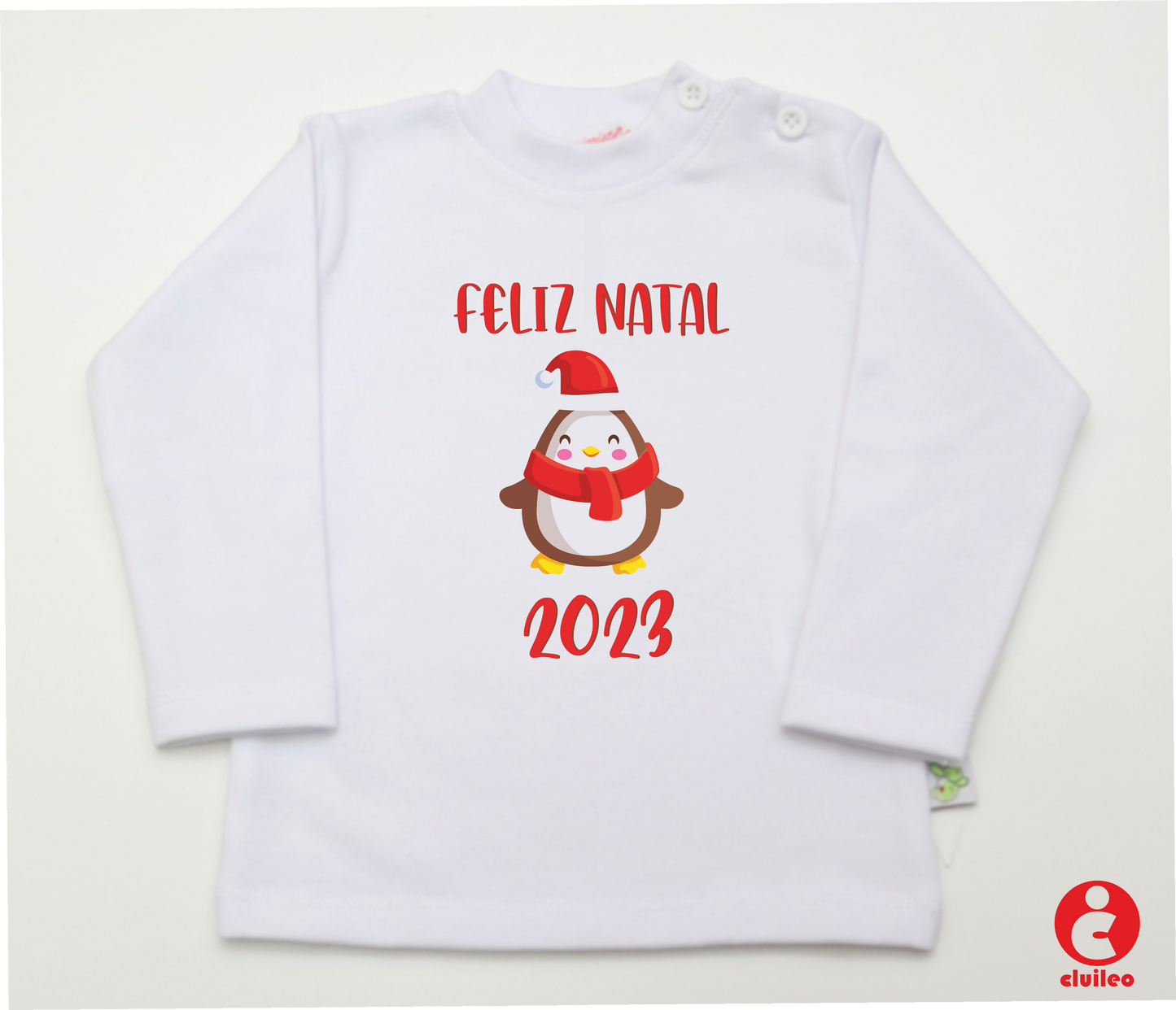 Camisola Bebé "Feliz Natal 2023 pinguim" Algodão com carda