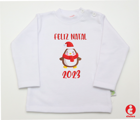 Camisola Bebé "Feliz Natal 2023 pinguim" Algodão com carda