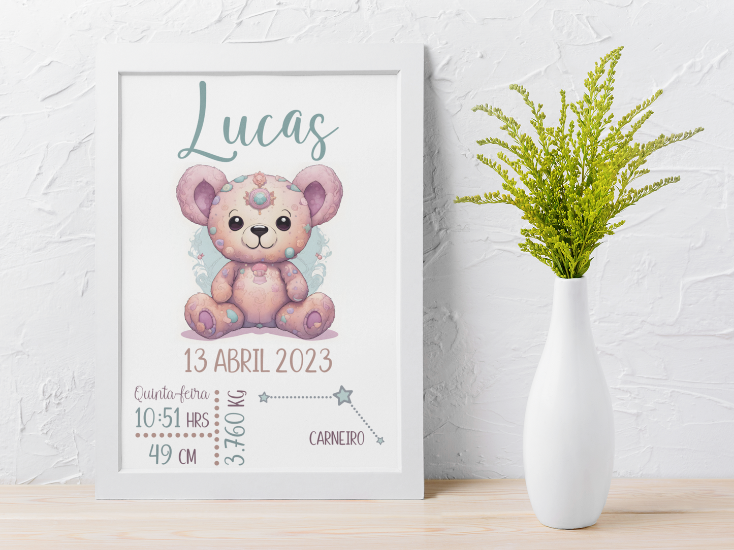 Quadro Nascimento Bebé Personalizável - Urso Zodíaco - Ficheiro Digital