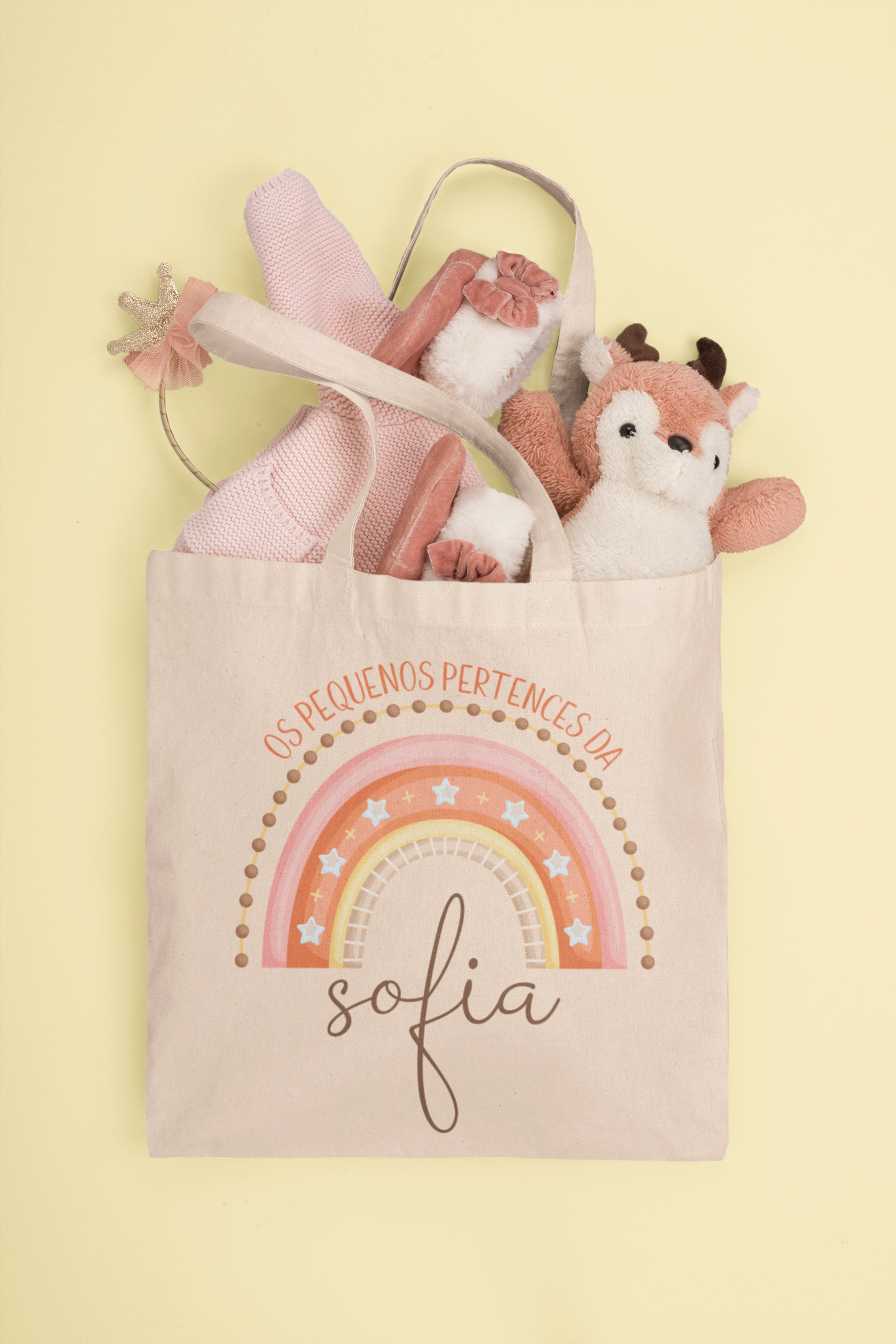 Saco Tote bag Bebé "Os pequenos Pertences Do/a - Nome" Arco Iris cor natural 100% algodão