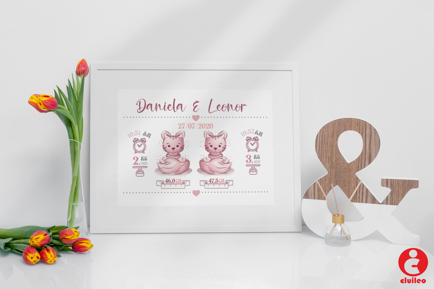 Quadro Nascimento Bebés Gémeas Personalizável - Gatos Meninas - Ficheiro Digital