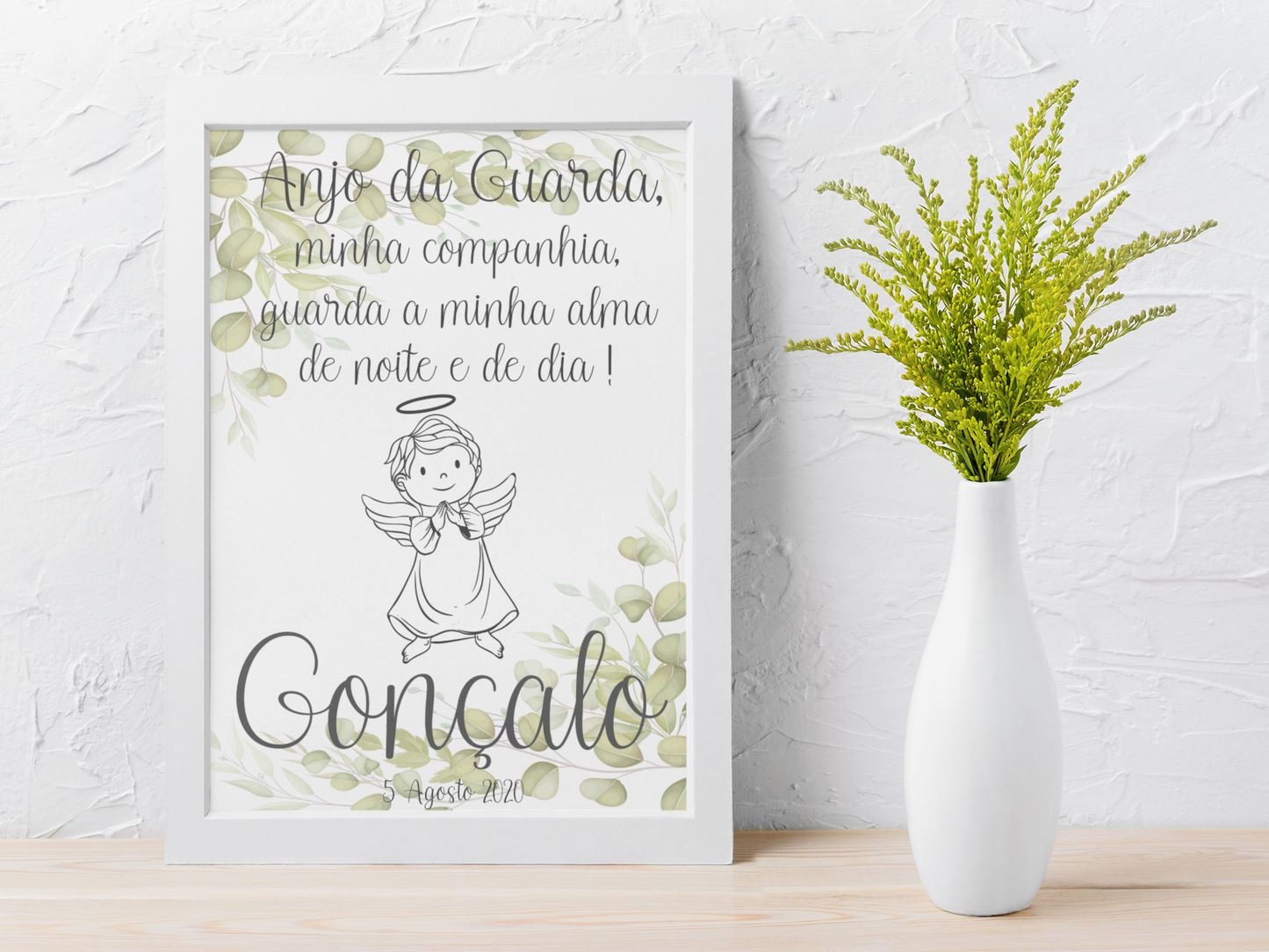 Quadro Bebé Anjo da Guarda Oração Personalizável Menino - Nome e Data Nascimento Com ou Sem Moldura