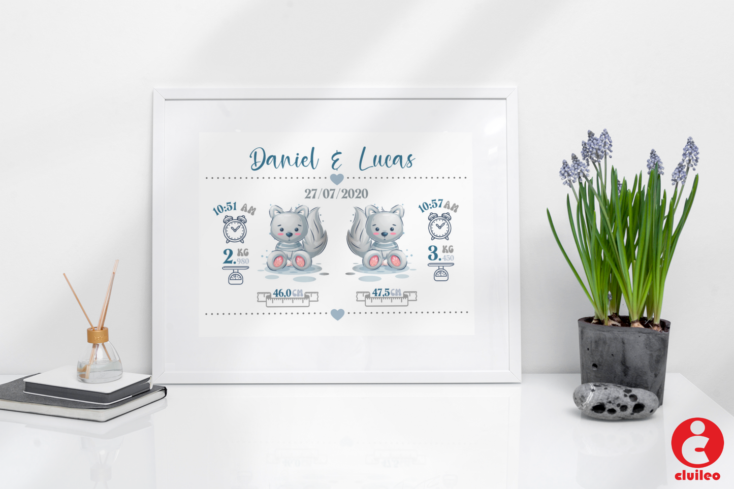 Conjunto Quadro Nascimento Bebés Gémeos + Figura com Nome Personalizável - Gatos - Ficheiro Digital