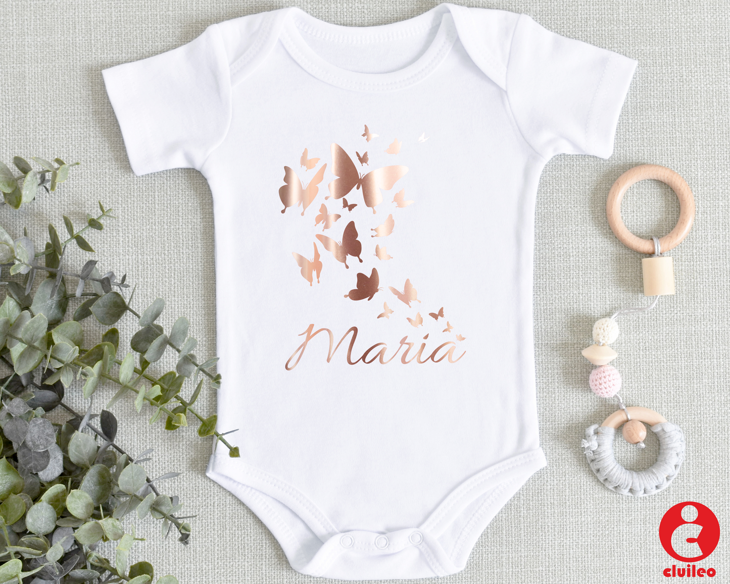 Body Bebé Personalizável "Nome" Borboletas 100% algodão Vinil Rose Gold