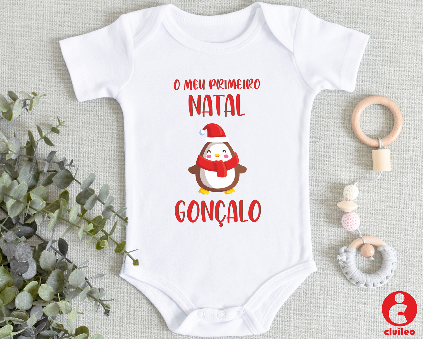 Body Bebé "O meu primeiro Natal pinguim - nome" 100% algodão