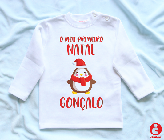 Camisola Bebé personalizável "Feliz Natal 2021 pinguim nome" Algodão com carda