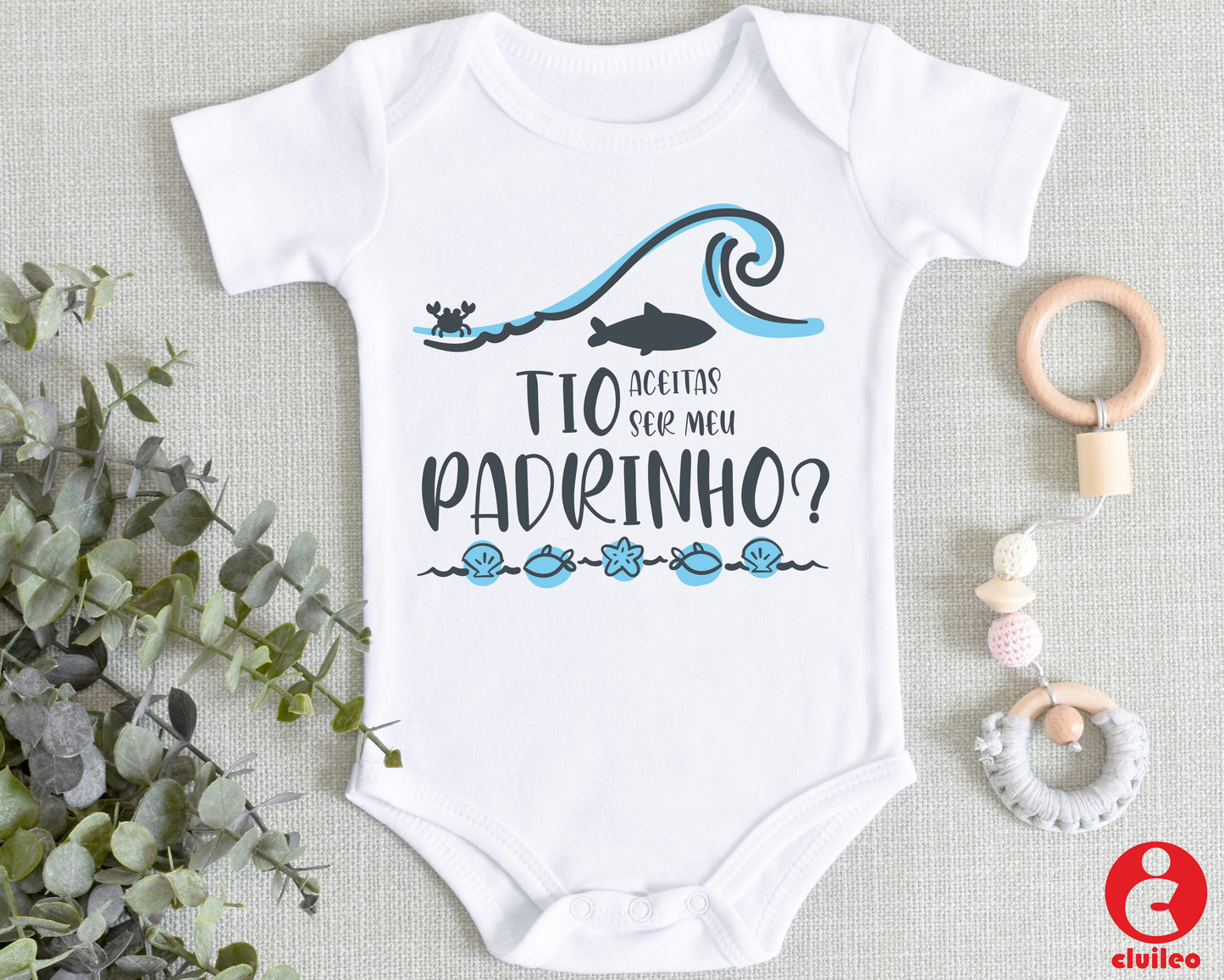 Body Bebé "Convite Padrinho Mar - Menino" 100% algodão