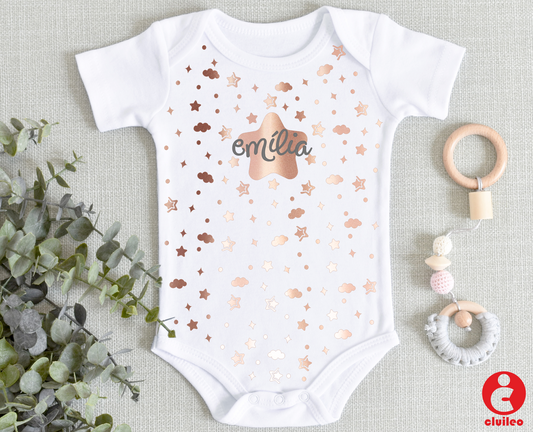 Body Bebé Personalizável "Nome" Padrão Estrela 100% algodão Vinil Rose Gold