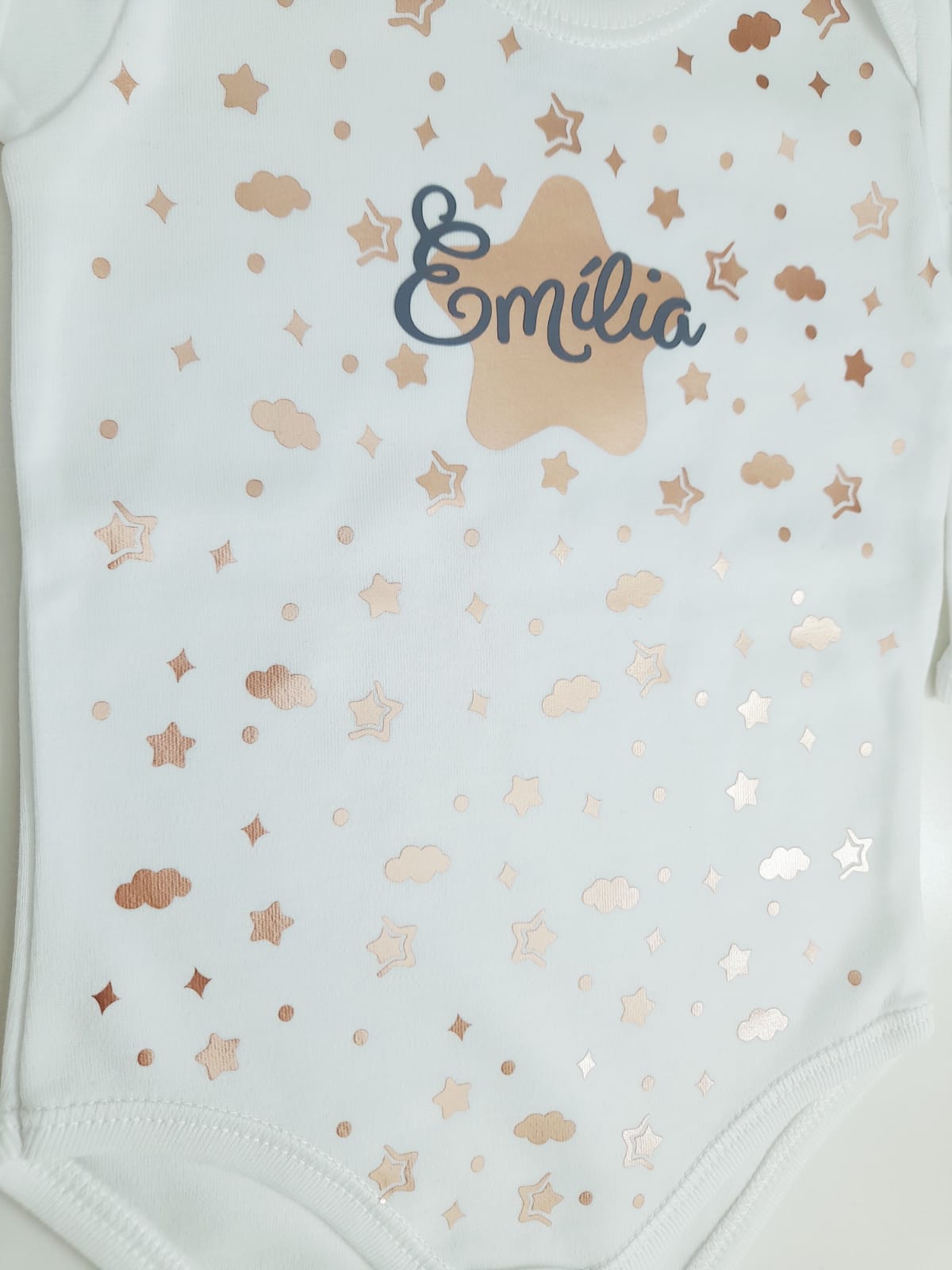 Body Bebé Personalizável "Nome" Padrão Estrela 100% algodão Vinil Rose Gold