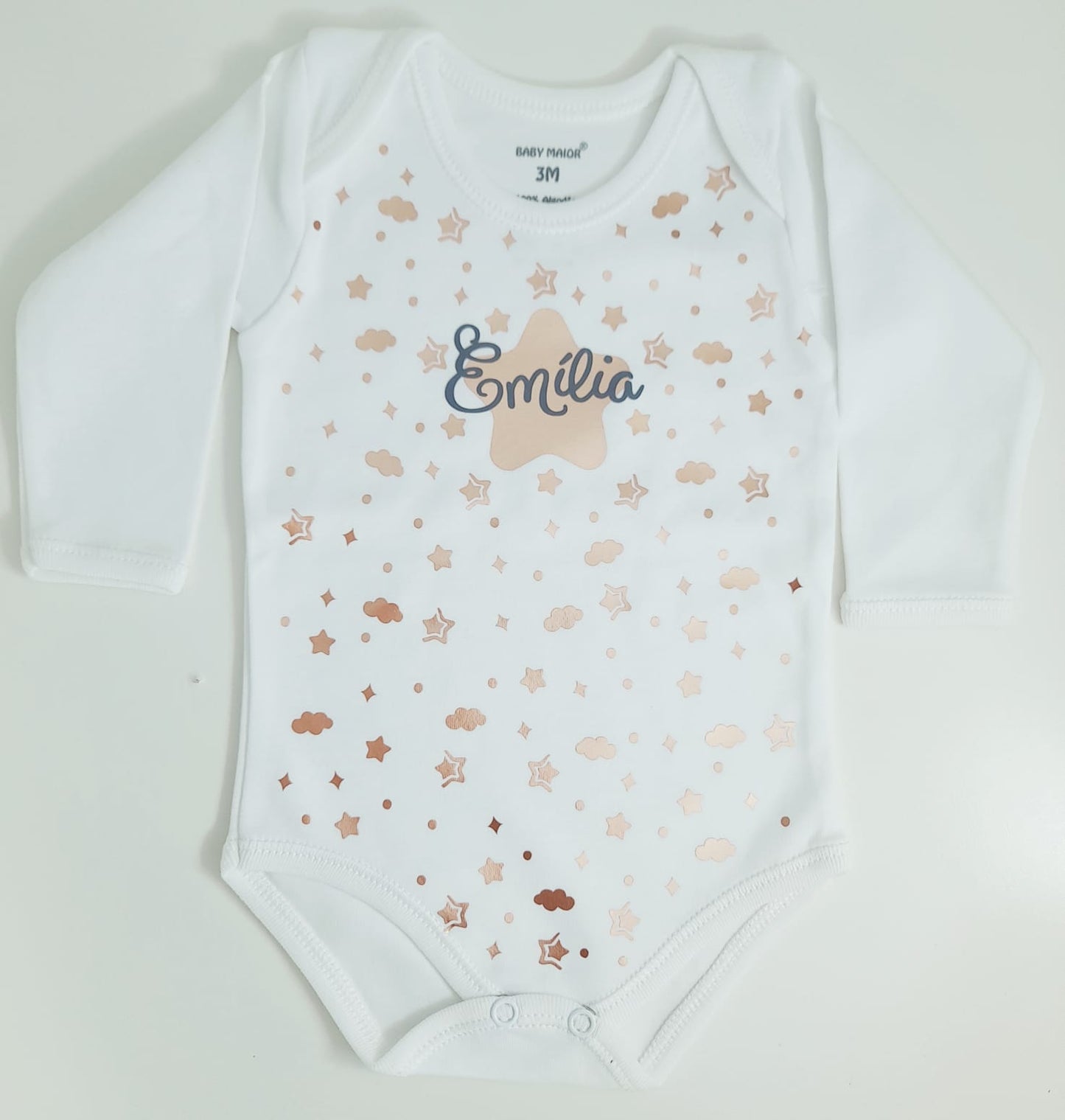 Body Bebé Personalizável "Nome" Padrão Estrela 100% algodão Vinil Rose Gold