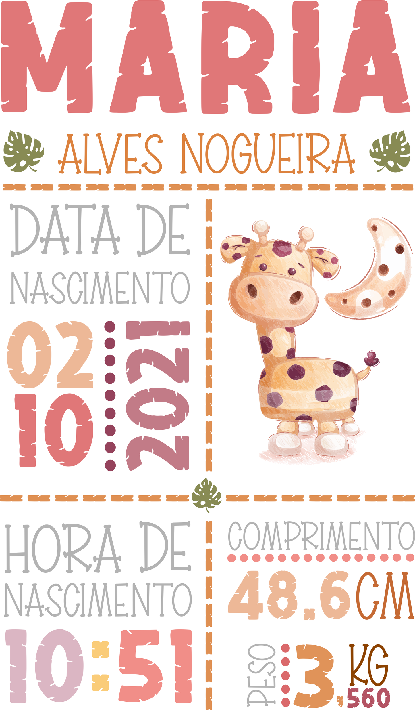 Conjunto Quadro Nascimento Bebé Personalizável + Figura com Nome - Safari Girafa - Ficheiro Digital