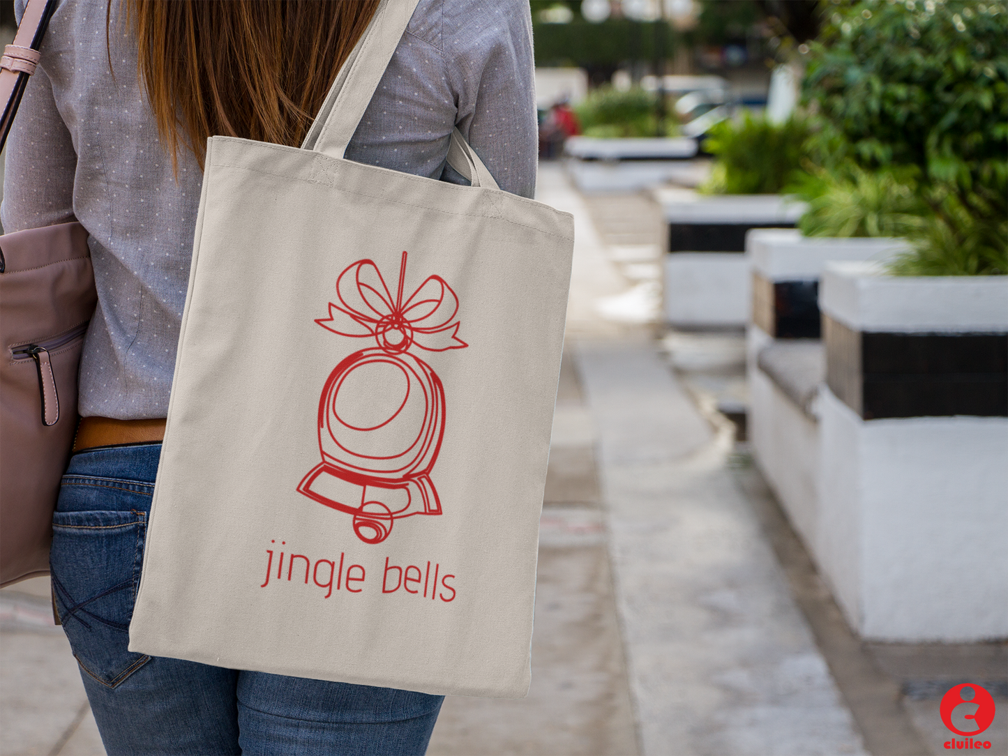 Saco Tote bag Natal "jingle bells" cor natural 100% algodão