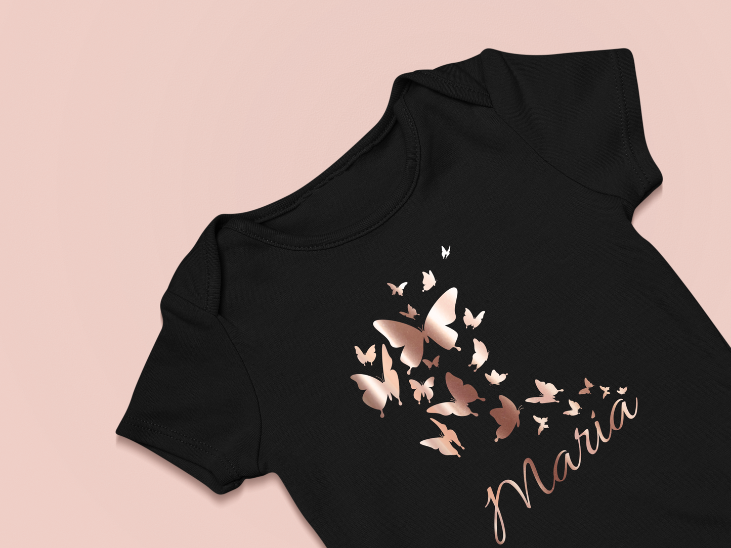 Body Bebé Personalizável "Nome" Borboletas 100% algodão Vinil Rose Gold