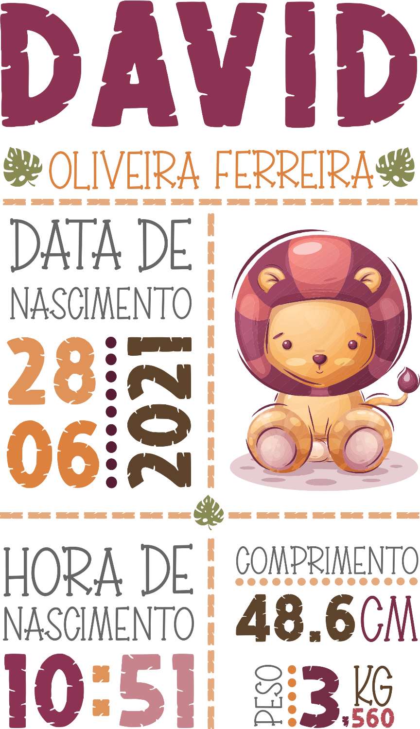 Quadro Nascimento Bebé Personalizável - Tema Safari Leão - Ficheiro Digital