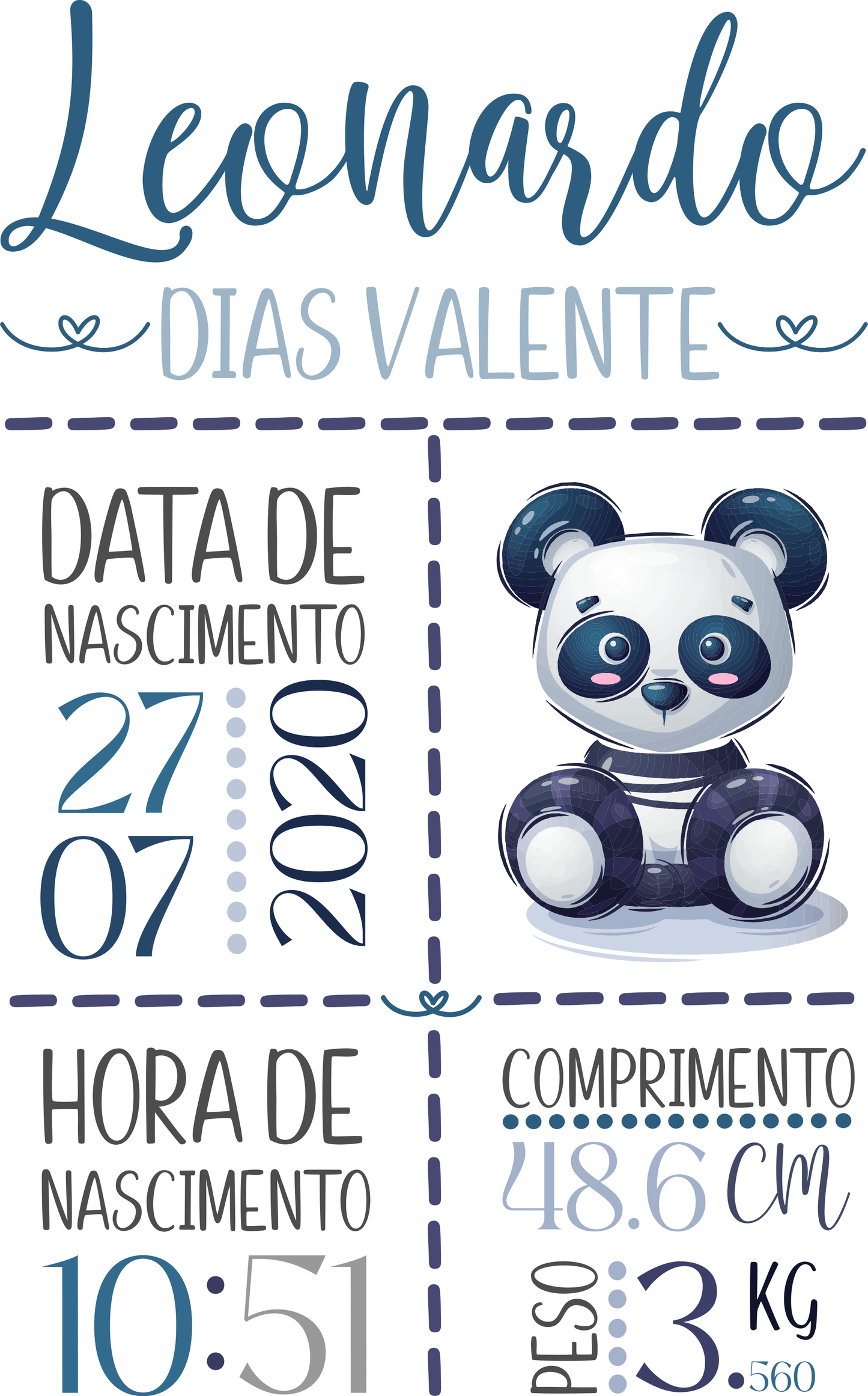 Conjunto Quadro Nascimento Bebé Personalizável + Figura com Nome - Panda - Ficheiro Digital