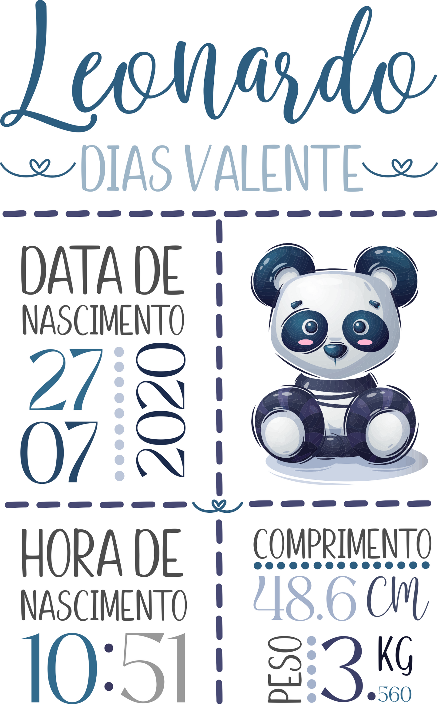 Quadro Nascimento Bebé Personalizável - Panda - Ficheiro Digital