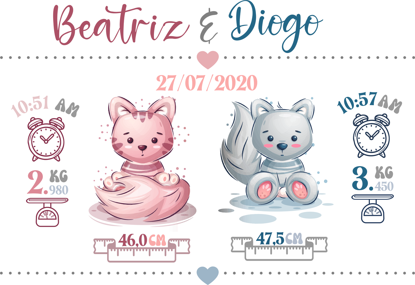 Quadro Nascimento Bebés Gémeos Falsos Personalizável - Gatos Menina e Menino - Ficheiro Digital