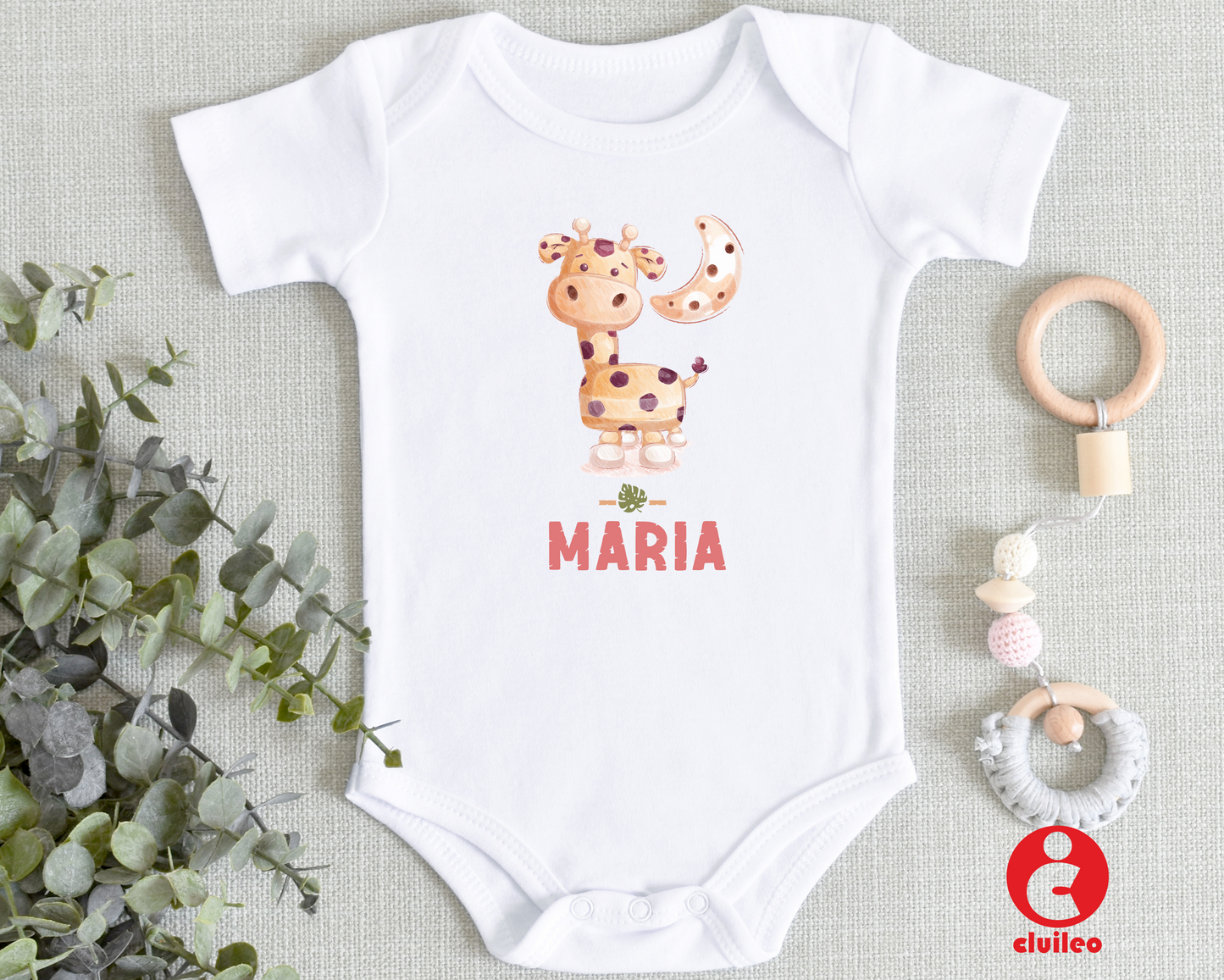 Body Bebé Personalizável com Nome - "Girafa" 100% algodão