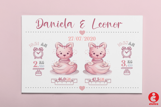 Quadro Nascimento Bebés Gémeas Personalizável - Gatos Meninas - Ficheiro Digital