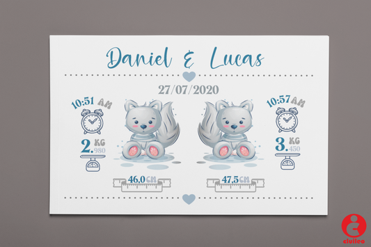 Quadro Nascimento Bebés Gémeos Personalizável - Gatos Meninos - Ficheiro Digital