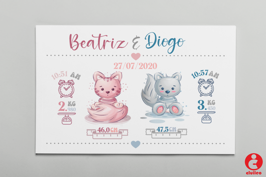 Quadro Nascimento Bebés Gémeos Falsos Personalizável - Gatos Menina e Menino - Ficheiro Digital