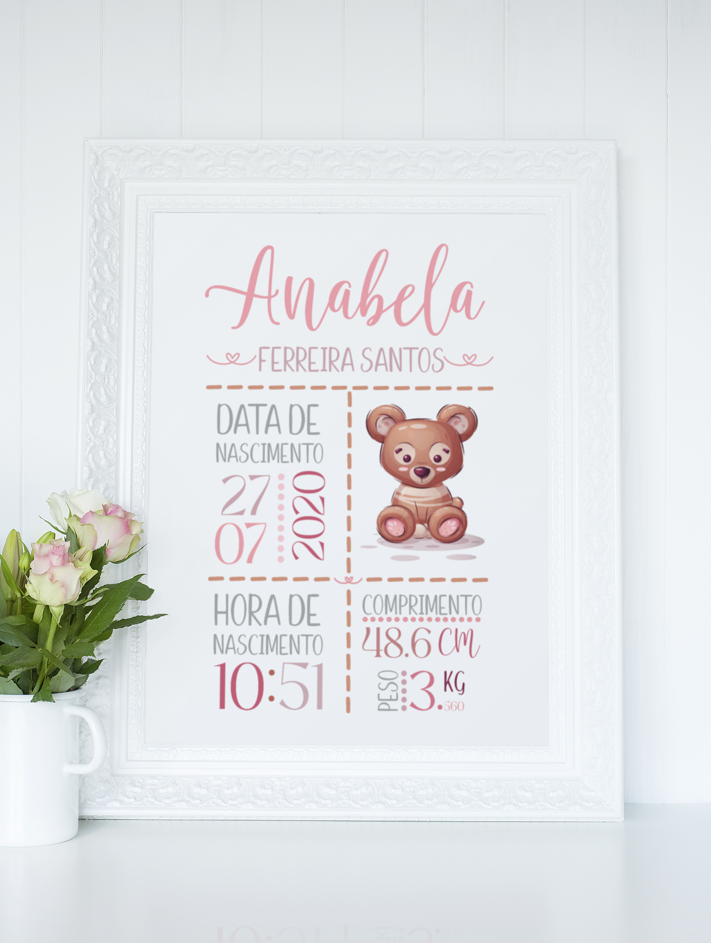 Quadro Nascimento Bebé Personalizável - Urso - Ficheiro Digital