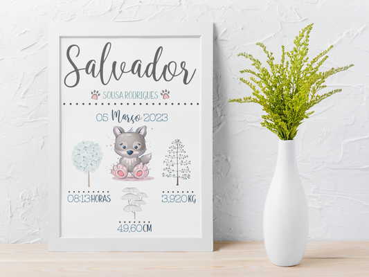 Quadro Detalhes Nascimento Bebé Com ou Sem Moldura Personalizável - Tema Floresta Lobo