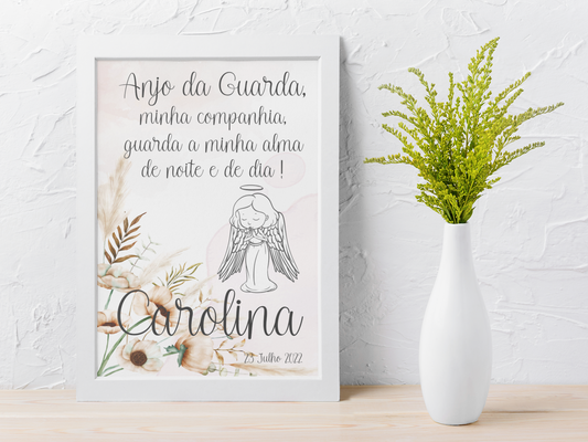 Quadro Anjo da Guarda Bebé Personalizável - Oração com Nome e Data Nascimento Floral Bege - FICHEIRO DIGITAL