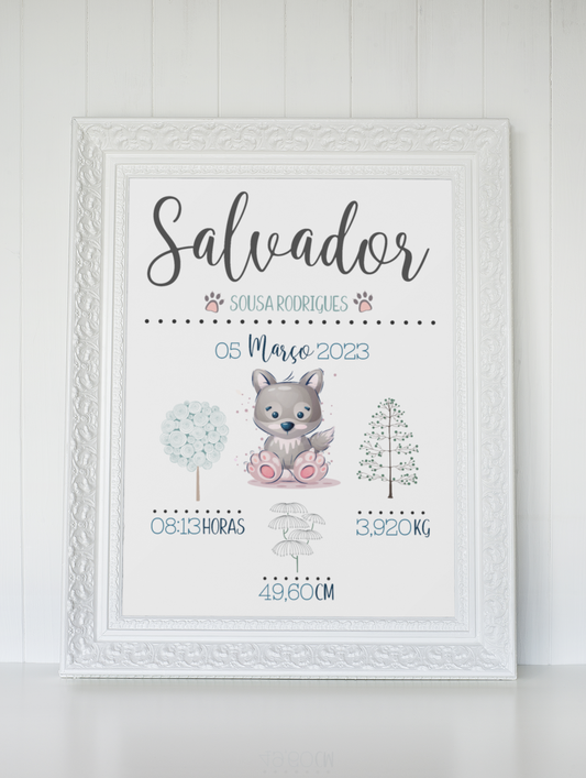 Quadro Nascimento Bebé Personalizável - Tema Floresta Lobo - Ficheiro Digital