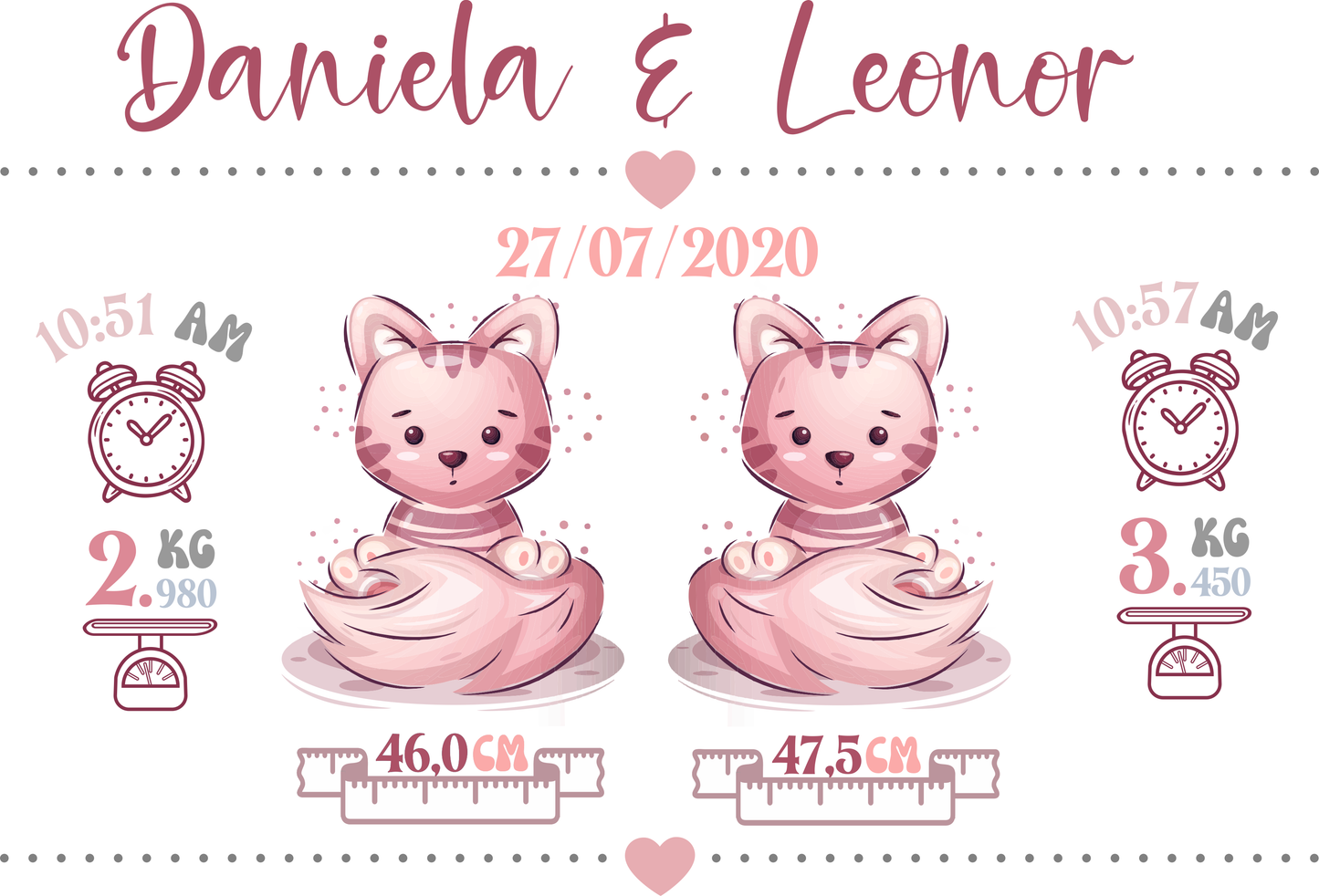 Quadro Nascimento Bebés Gémeas Personalizável - Gatos Meninas - Ficheiro Digital